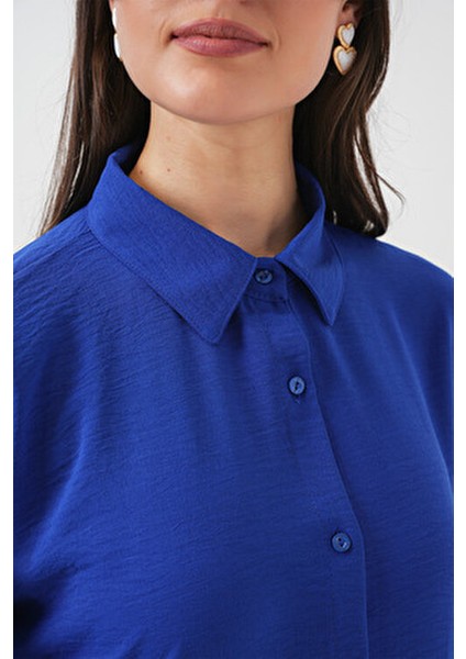 Saks Renkli Kadın Oversize İkili Takım %70 Viskon %30 Keten Şık ve Rahat Tasarım