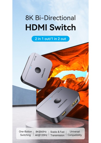 HDMI Dağıtıcı 8K/60Hz+4K/120Hz Çift Yönlü 2 Giriş 1 Çıkış HDMI Switcher Düğmesi HDMI 2.1 Splitter Anahtarı Type-C Güç Kablosu Hediye CE Lisanslı Orjinal
