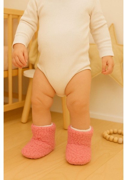 Bebek & Çocuk Kaydırmaz Tabanlı Ev Botu / Panduf / Kışlık Peluş Bot Pembe Renk