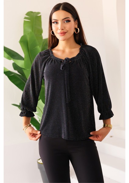 Yeni Sezon Kadın Siyah Renkli Taşlı/parlak/ışıltılı Bağlamalı/bağlama Detaylı Uzun Kollu Bluz – Kadın Bluz