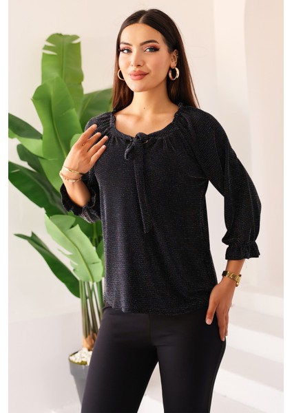 Yeni Sezon Kadın Siyah Renkli Taşlı/parlak/ışıltılı Bağlamalı/bağlama Detaylı Uzun Kollu Bluz – Kadın Bluz fiyatları