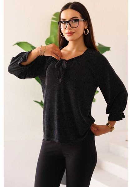 Yeni Sezon Kadın Siyah Renkli Taşlı/parlak/ışıltılı Bağlamalı/bağlama Detaylı Uzun Kollu Bluz – Kadın Bluz modelleri