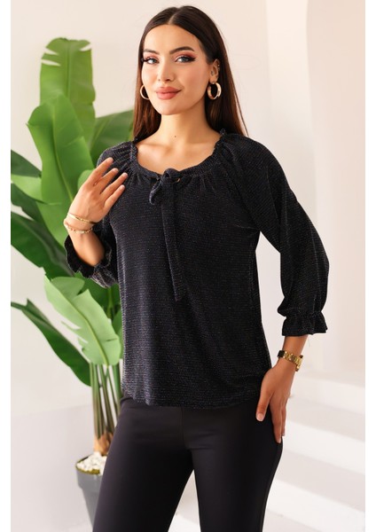 Yeni Sezon Kadın Siyah Renkli Taşlı/parlak/ışıltılı Bağlamalı/bağlama Detaylı Uzun Kollu Bluz – Kadın Bluz fırsatları