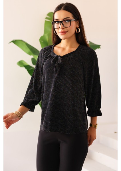 Yeni Sezon Kadın Siyah Renkli Taşlı/parlak/ışıltılı Bağlamalı/bağlama Detaylı Uzun Kollu Bluz – Kadın Bluz indirimleri