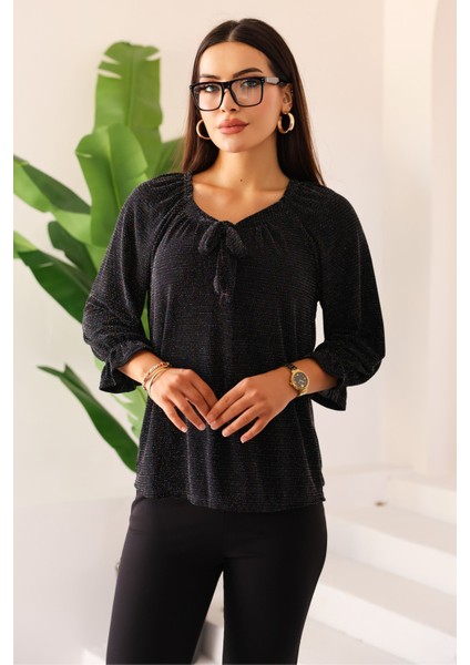 Yeni Sezon Kadın Siyah Renkli Taşlı/parlak/ışıltılı Bağlamalı/bağlama Detaylı Uzun Kollu Bluz – Kadın Bluz