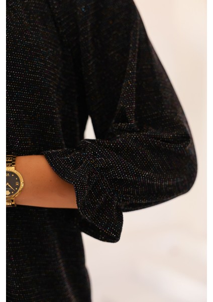 Yeni Sezon Kadın Siyah Renkli Taşlı/parlak/ışıltılı Bağlamalı/bağlama Detaylı Uzun Kollu Bluz – Kadın Bluz