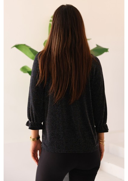 Yeni Sezon Kadın Siyah Renkli Taşlı/parlak/ışıltılı Bağlamalı/bağlama Detaylı Uzun Kollu Bluz – Kadın Bluz