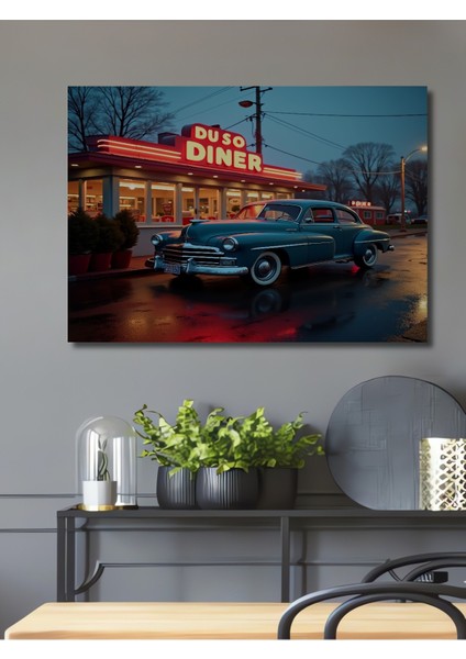 Retro Amerikan Diner ve Klasik Otomobil Yağlı Boya Görünümlü Dekoratif Ahşap Ev/işyeri/ofis Tablo