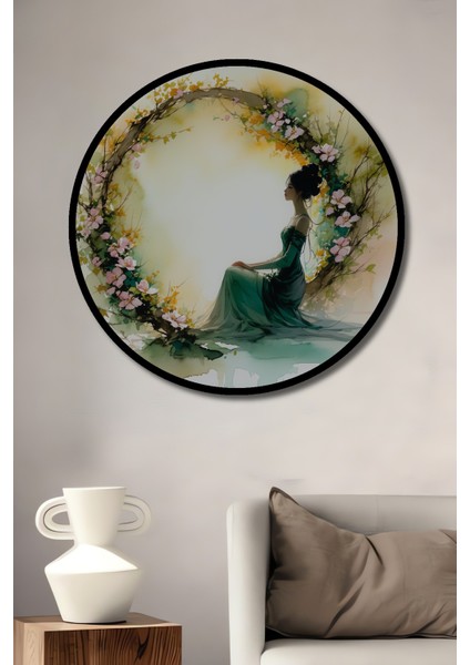 Çerçeve Görünümlü Çiçekli Taç Içinde Yeşil Elbiseli Kadın Sulu Boya Görünümlü Ahşap Ofis Tablo