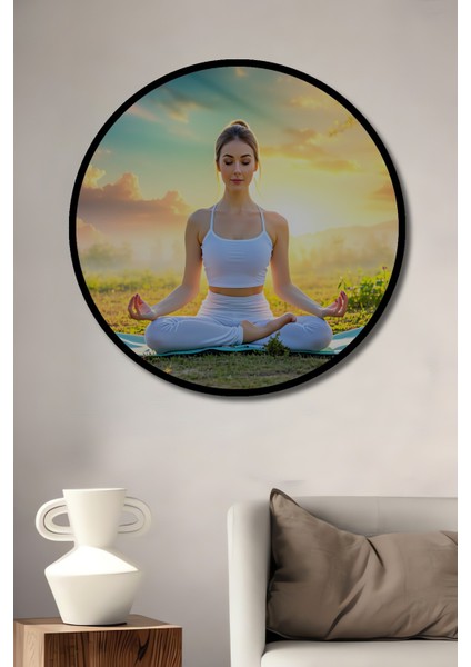 Çerçeve Görünümlü Yoga Yapan Kadın Huzurlu Doğa Manzarası Yağlı Boya Görünümlü Ahşap Ofis Tablo