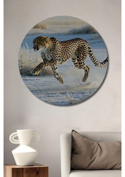 Kar Leoparı Hızlı Koşu Yağlı Boya Görünümlü Dekoratif Ahşap Ev/işyeri/ofis Yuvarlak Tablo