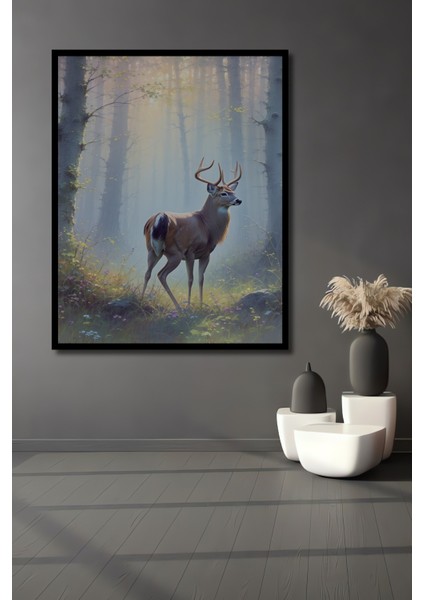 Çerçeve Görünümlü Sisli Ormanda Geyik Yağlı Boya Görünümlü Işyeri/ofis Dekoratif Ahşap Kare Tablo