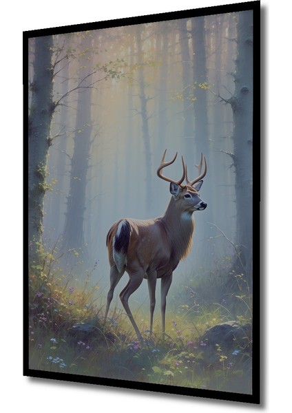 Çerçeve Görünümlü Sisli Ormanda Geyik Yağlı Boya Görünümlü Işyeri/ofis Dekoratif Ahşap Kare Tablo fiyatları