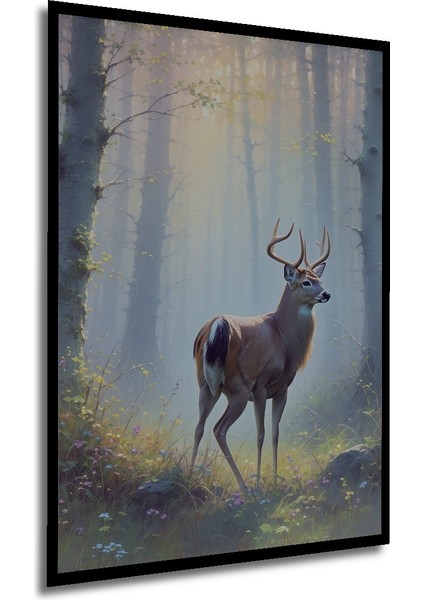 Çerçeve Görünümlü Sisli Ormanda Geyik Yağlı Boya Görünümlü Işyeri/ofis Dekoratif Ahşap Kare Tablo modelleri