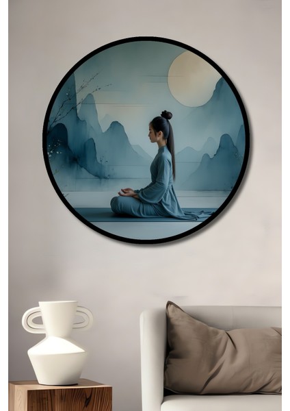 Çerçeve Görünümlü Huzurlu Meditasyon Sulu Boya Görünümlü Dekoratif Ahşap Işyeri/ofis Yuvarlak Tablo