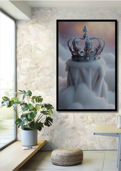 Çerçeve Görünümlü Taçlı Kraliçe Rüyası Yağlı Boya Görünümlü Dekoratif Ahşap Işyeri/ofis Kare Tablo
