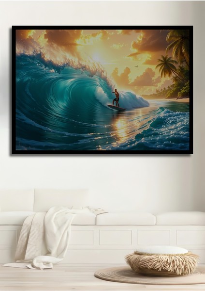 Çerçeve Görünümlü Sörfçü Cenneti Yağlı Boya Görünümlü Dekoratif Ahşap Ev/işyeri/ofis Kare Tablo