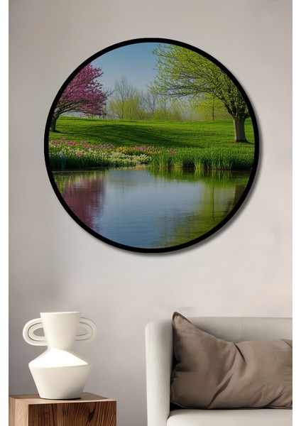 Çerçeve Görünümlü Sulu Boya Görünümlü Bahar Rüyası Dekoratif Ahşap Ev/işyeri/ofis Yuvarlak Tablo