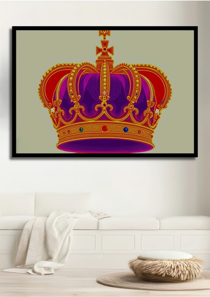 Çerçeve Görünümlü Gösterişli Kraliyet Tacı Yağlı Boya Görünümlü Dekoratif Ahşap Ofis Kare Tablo