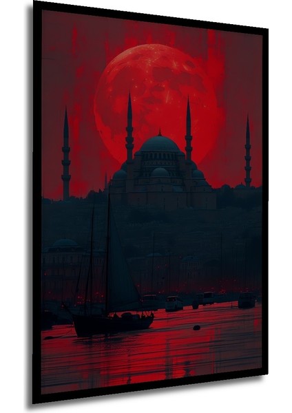 Çerçeve Görünümlü Kızıl Ay Istanbul Rüyası Yağlı Boya Görünümlü Dekoratif Ahşap Ofis Kare Tablo modelleri