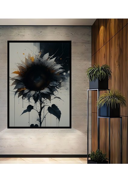 Çerçeve Görünümlü Soyut Sanat Dokunuşlu Ayçiçeği Yağlı Boya Görünümlü Ahşap Ofis Kare Tablo