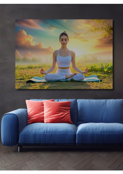 Yoga Yapan Kadın Huzurlu Doğa Manzarası Yağlı Boya Görünümlü Dekoratif Ahşap Ev/işyeri/ofis Tablo