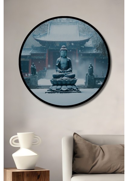 Çerçeve Görünümlü Karda Meditasyon Yapan Buda Heykeli Yağlı Boya Görünümlü Ahşap Ofis Tablo