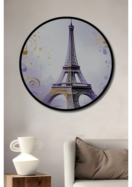Çerçeve Görünümlü Eiffel Kulesi Lavanta Rüyası Sulu Boya Görünümlü Ahşap Ofis Yuvarlak Tablo