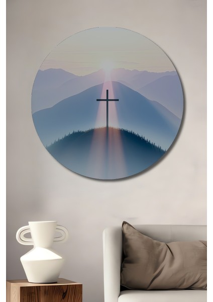 Dağ Doruğunda Haç Pastel Boya Görünümlü Dekoratif Ahşap Ev/işyeri/ofis Yuvarlak Tablo