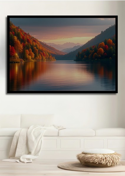 Çerçeve Görünümlü Sonbahar Renkleri Göl Manzarası Yağlı Boya Görünümlü Ahşap Ofis Kare Tablo