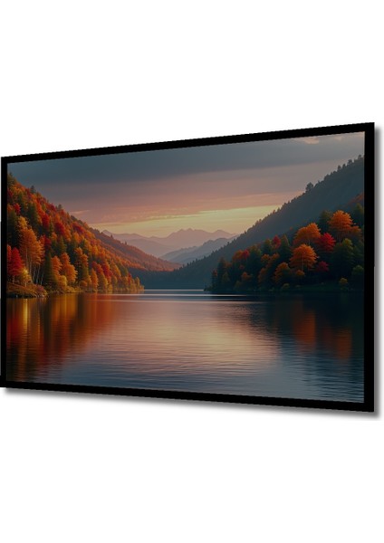 Çerçeve Görünümlü Sonbahar Renkleri Göl Manzarası Yağlı Boya Görünümlü Ahşap Ofis Kare Tablo fiyatları