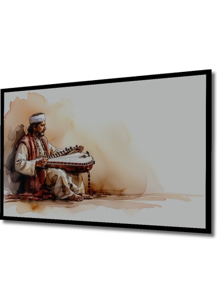 Çerçeve Görünümlü Sitarıyla Hint Ezgileri Sulu Boya Görünümlü Dekoratif Ahşap Ofis Kare Tablo fiyatları