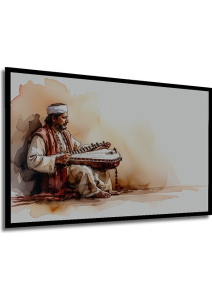 Çerçeve Görünümlü Sitarıyla Hint Ezgileri Sulu Boya Görünümlü Dekoratif Ahşap Ofis Kare Tablo modelleri
