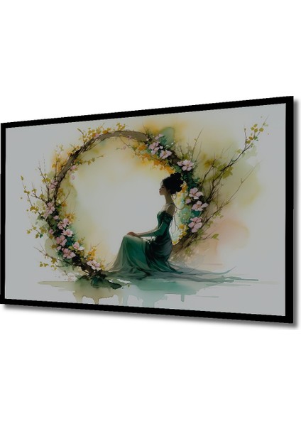 Çerçeve Görünümlü Çiçekli Taç Içinde Yeşil Elbiseli Kadın Sulu Boya Görünümlü Ahşap Ofis Tablo fiyatları