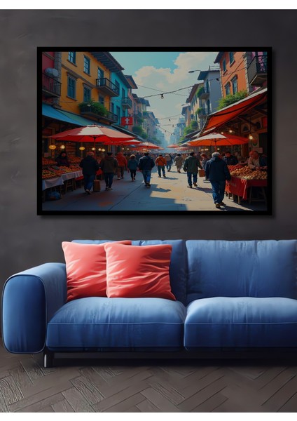 Çerçeve Görünümlü Renkli Pazar Yeri Yağlı Boya Görünümlü Dekoratif Ahşap Ev/işyeri/ofis Kare Tablo