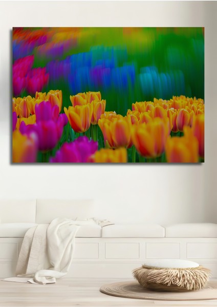 Rüya Gibi Lale Bahçesi Yağlı Boya Görünümlü Dekoratif Ahşap Ev/işyeri/ofis Kare Tablo