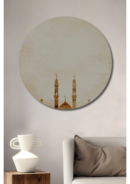 Osmanlı Cami Silüeti Yağlı Boya Görünümlü Dekoratif Ahşap Ev/işyeri/ofis Yuvarlak Tablo