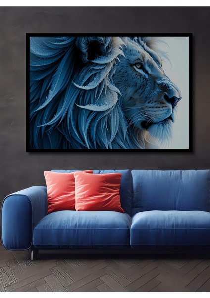 Çerçeve Görünümlü Buz Mavisi Aslan Yağlı Boya Görünümlü Ev/işyeri/ofis Dekoratif Ahşap Kare Tablo