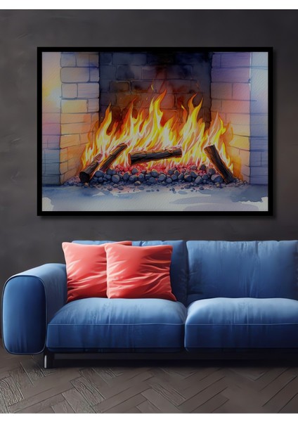 Çerçeve Görünümlü Sıcak Şömine Ateşi Sulu Boya Görünümlü Dekoratif Ahşap Ev/işyeri/ofis Kare Tablo