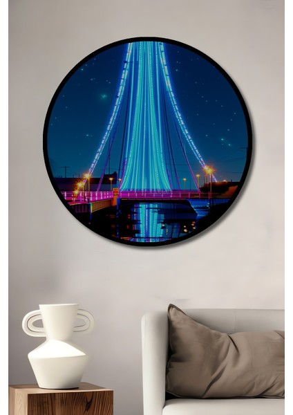 Çerçeve Görünümlü Neon Işıklar Altında Köprü Manzarası Yağlı Boya Görünümlü Ahşap Ofis Tablo