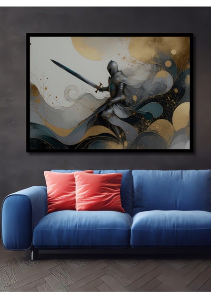 Çerçeve Görünümlü Zırhlı Şövalye Altın Dokunuş Yağlı Boya Görünümlü Dekoratif Ahşap Ofis Kare Tablo