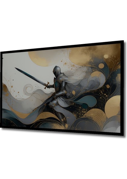 Çerçeve Görünümlü Zırhlı Şövalye Altın Dokunuş Yağlı Boya Görünümlü Dekoratif Ahşap Ofis Kare Tablo fiyatları