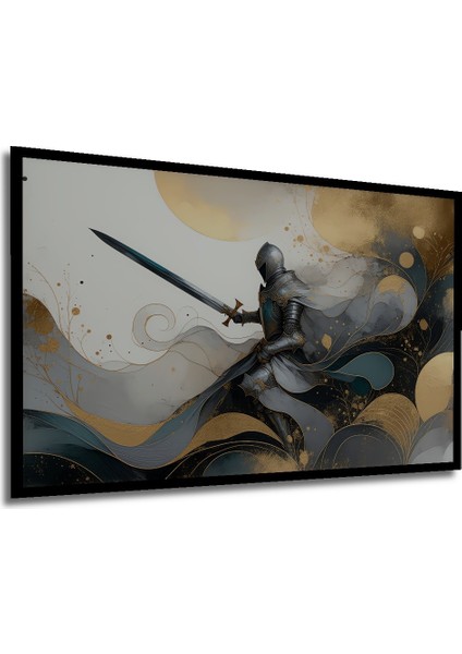 Çerçeve Görünümlü Zırhlı Şövalye Altın Dokunuş Yağlı Boya Görünümlü Dekoratif Ahşap Ofis Kare Tablo modelleri