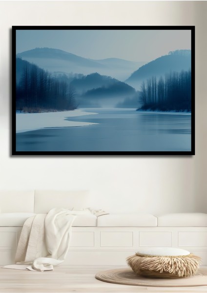 Çerçeve Görünümlü Buz Mavisi Rüyası Manzarası Yağlı Boya Görünümlü Dekoratif Ahşap Ofis Kare Tablo