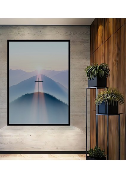 Çerçeve Görünümlü Dağ Doruğunda Haç Pastel Boya Görünümlü Dekoratif Ahşap Ev/işyeri/ofis Kare Tablo