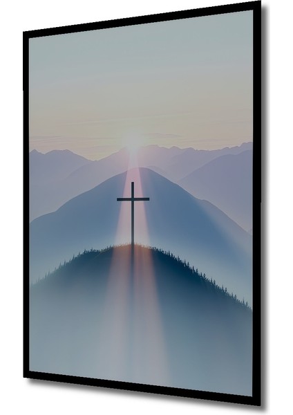 Çerçeve Görünümlü Dağ Doruğunda Haç Pastel Boya Görünümlü Dekoratif Ahşap Ev/işyeri/ofis Kare Tablo fiyatları