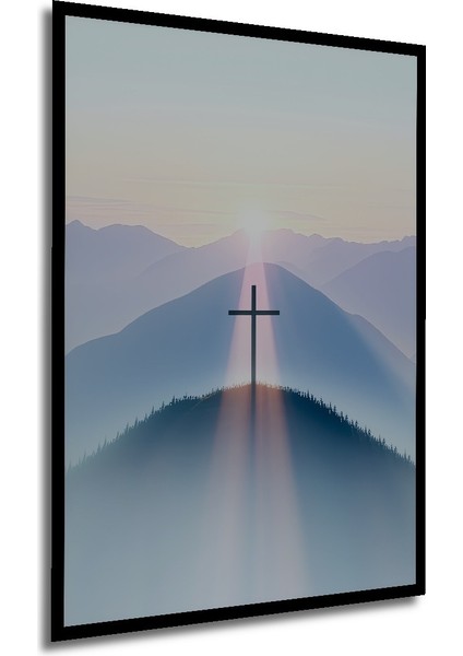 Çerçeve Görünümlü Dağ Doruğunda Haç Pastel Boya Görünümlü Dekoratif Ahşap Ev/işyeri/ofis Kare Tablo modelleri