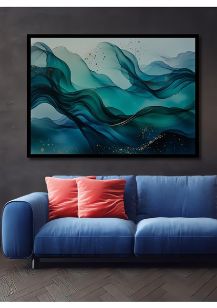 Çerçeve Görünümlü Deniz Esintisi Soyut Sanat Sulu Boya Görünümlü Dekoratif Ahşap Ofis Kare Tablo