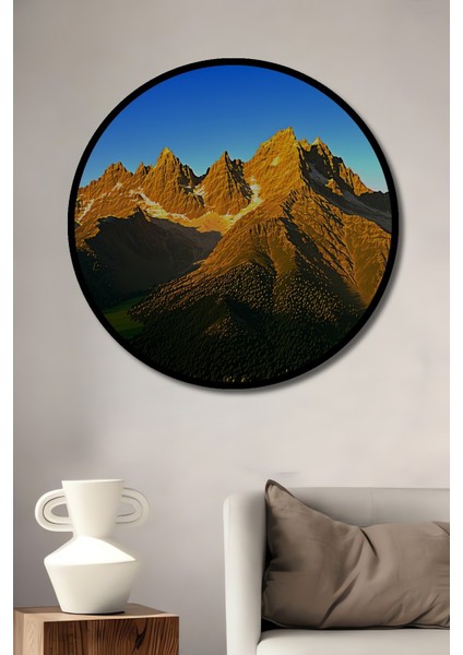 Çerçeve Görünümlü Altın Dağlar Yağlı Boya Görünümlü Dekoratif Ahşap Ev/işyeri/ofis Yuvarlak Tablo