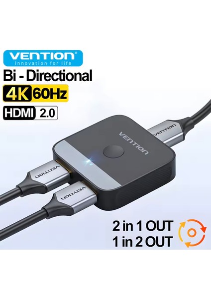 HDMI Dağıtıcı 4K/60Hz Çift Yönlü 2 Giriş 1 Çıkış HDMI Switcher Düğmesi HDMI 2.0 Splitter Anahtarı Ce Lisanslı Orjinal